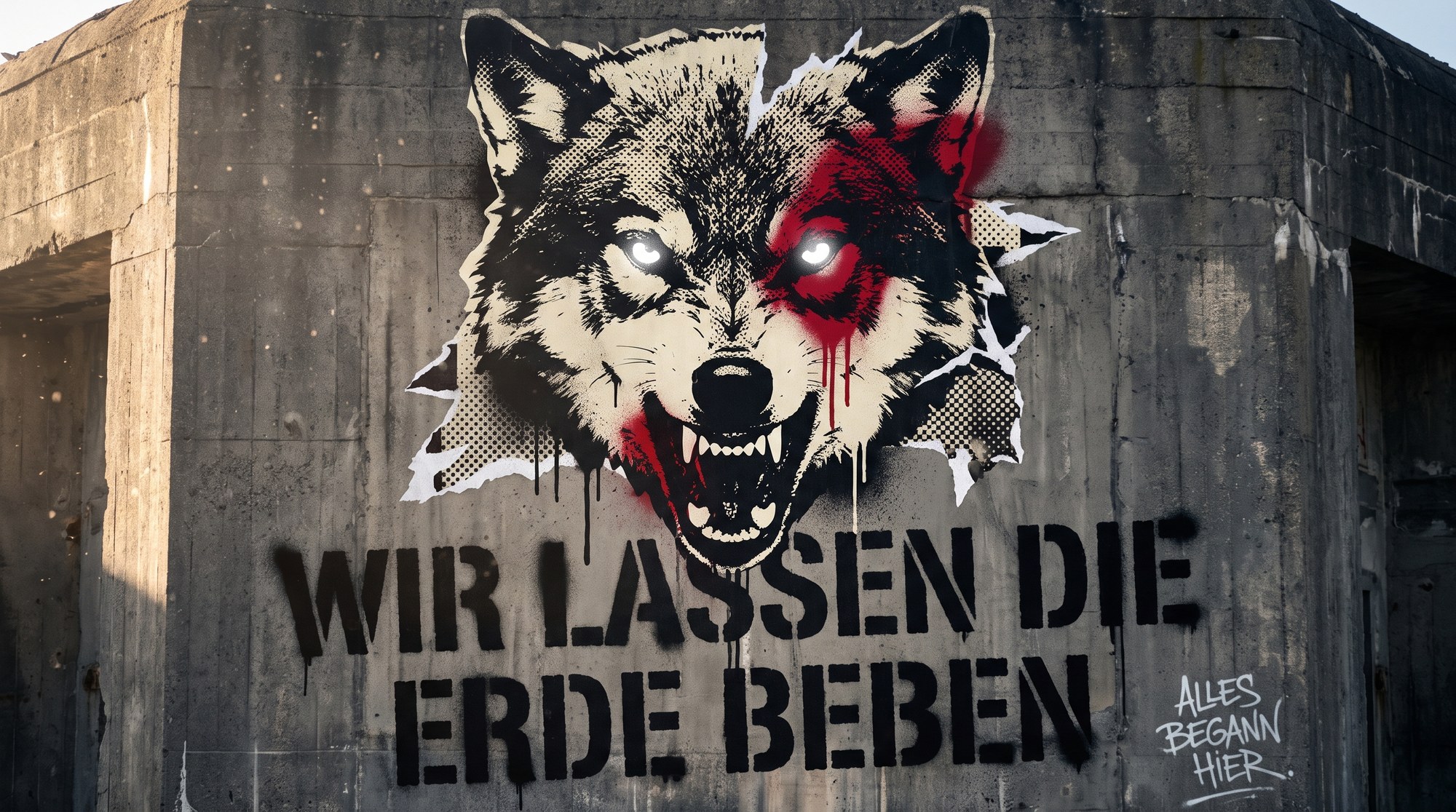 Stencil an der Bunkerwand: Wir lassen die Erde beben