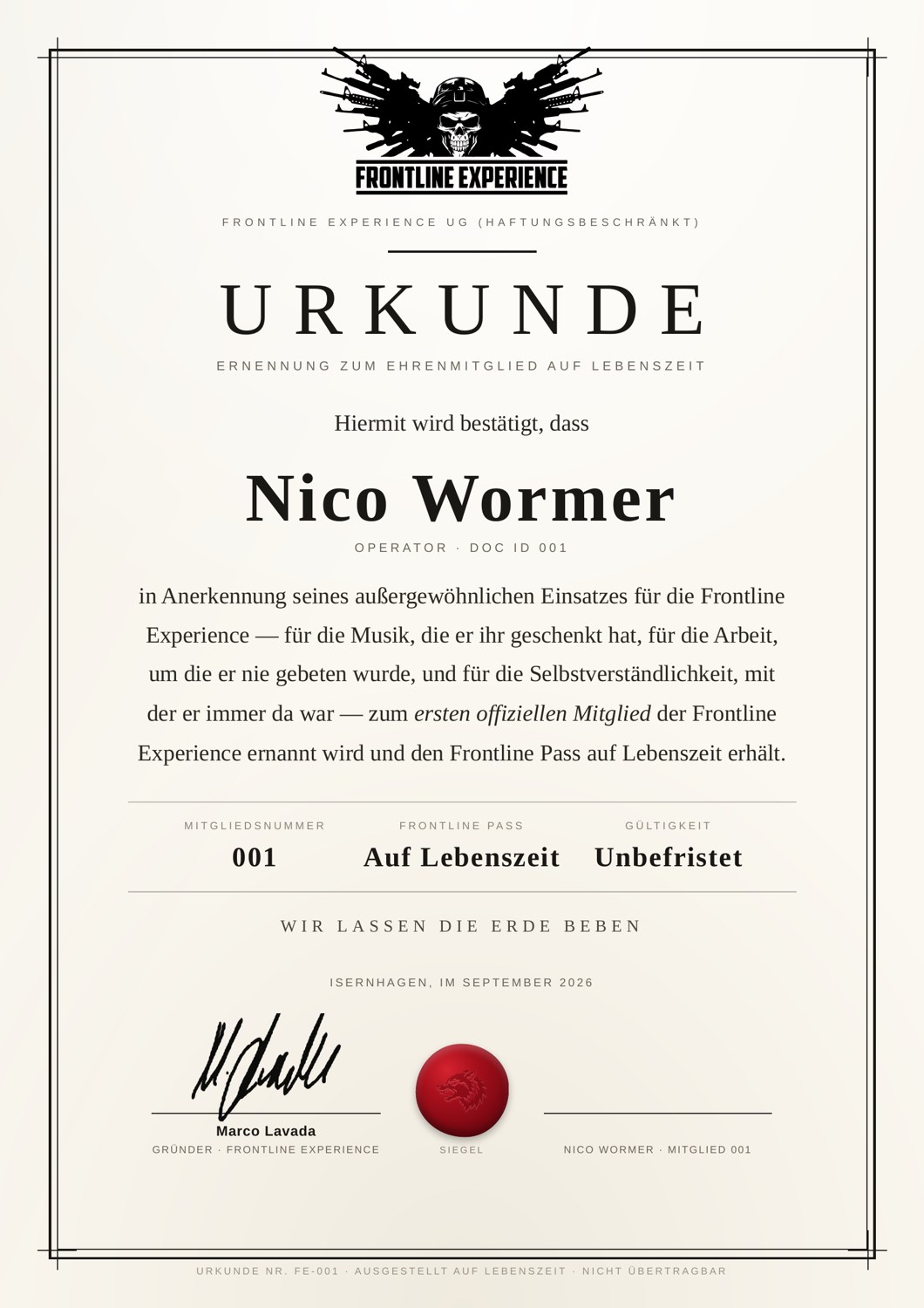 Urkunde: Ernennung zum Ehrenmitglied auf Lebenszeit, Nico Wormer, DOC ID 001